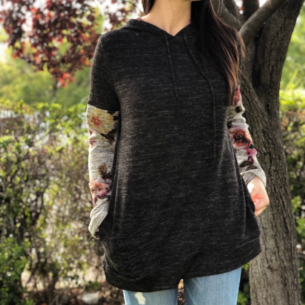 BE Stage Floral Gray Black Hoodie NWOT